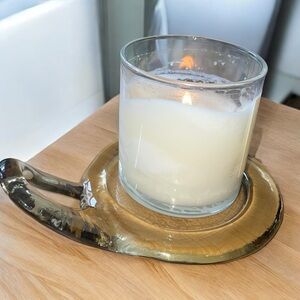 Handmade glass candle plate, light amber color, excellent condition